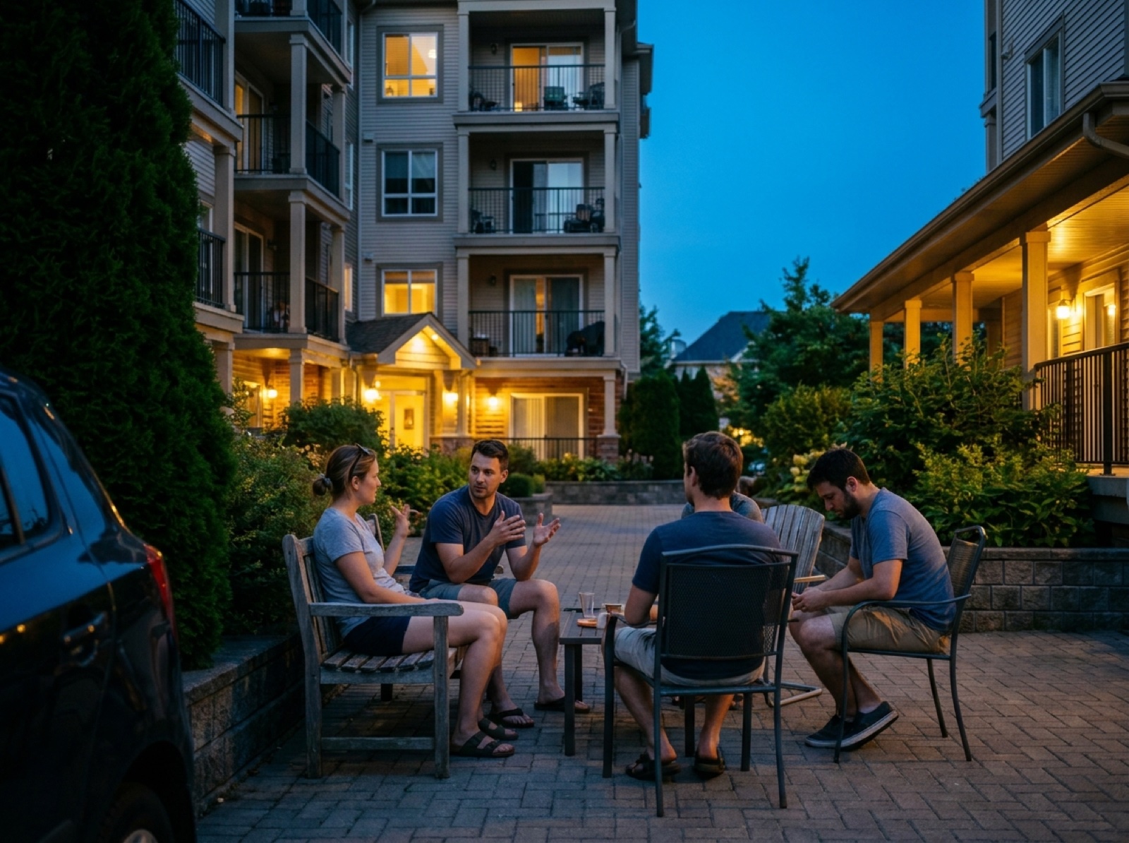 Neighbors talking in the Hale Kai courtyard at dusk