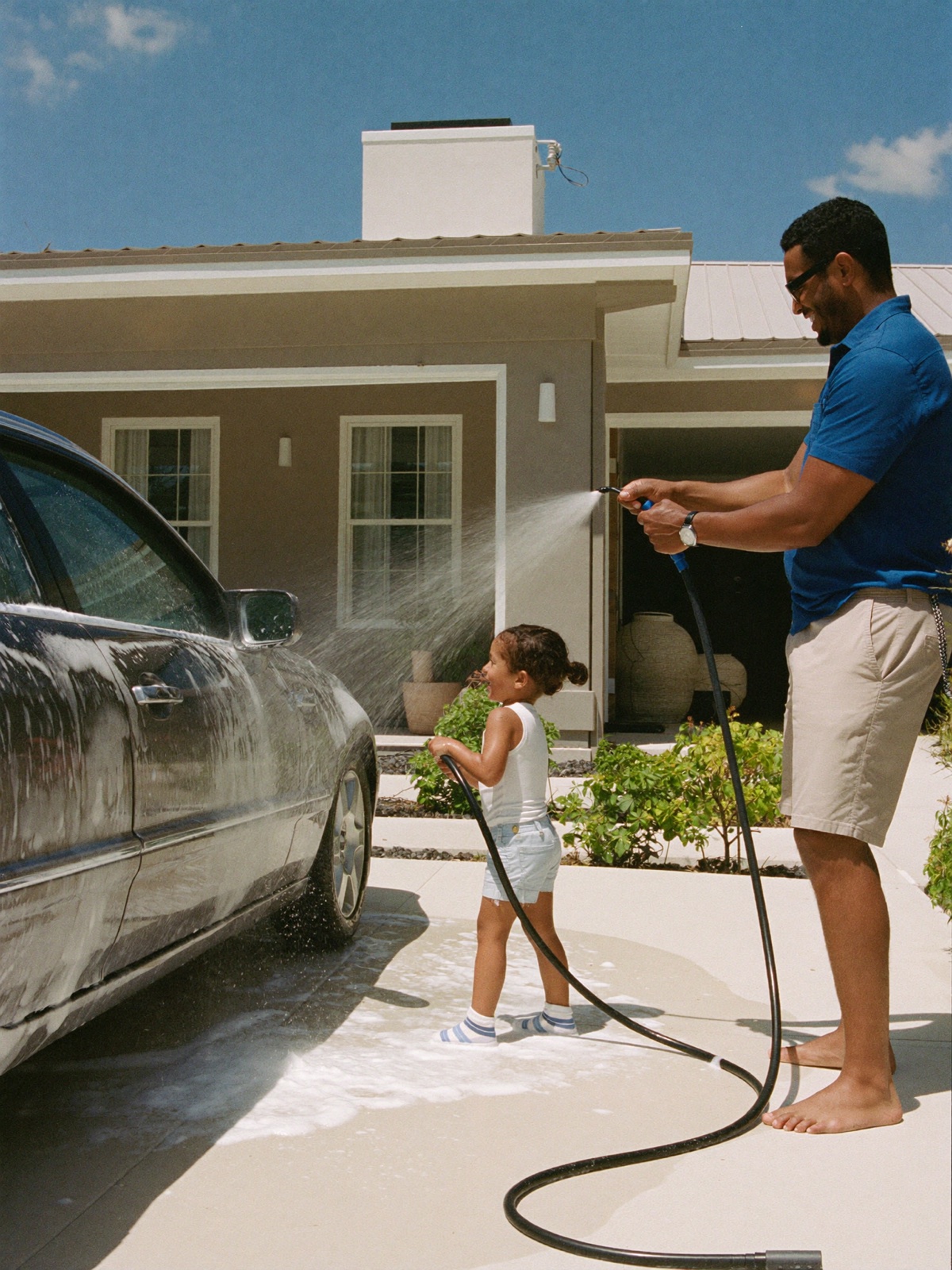 A father and daughter washing a car in a Kalaheo Terraces driveway