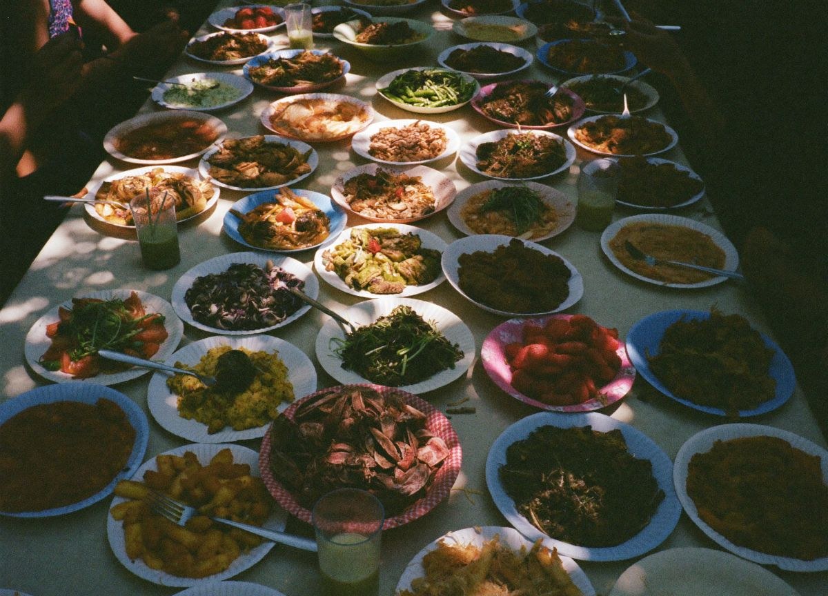 A shared potluck table